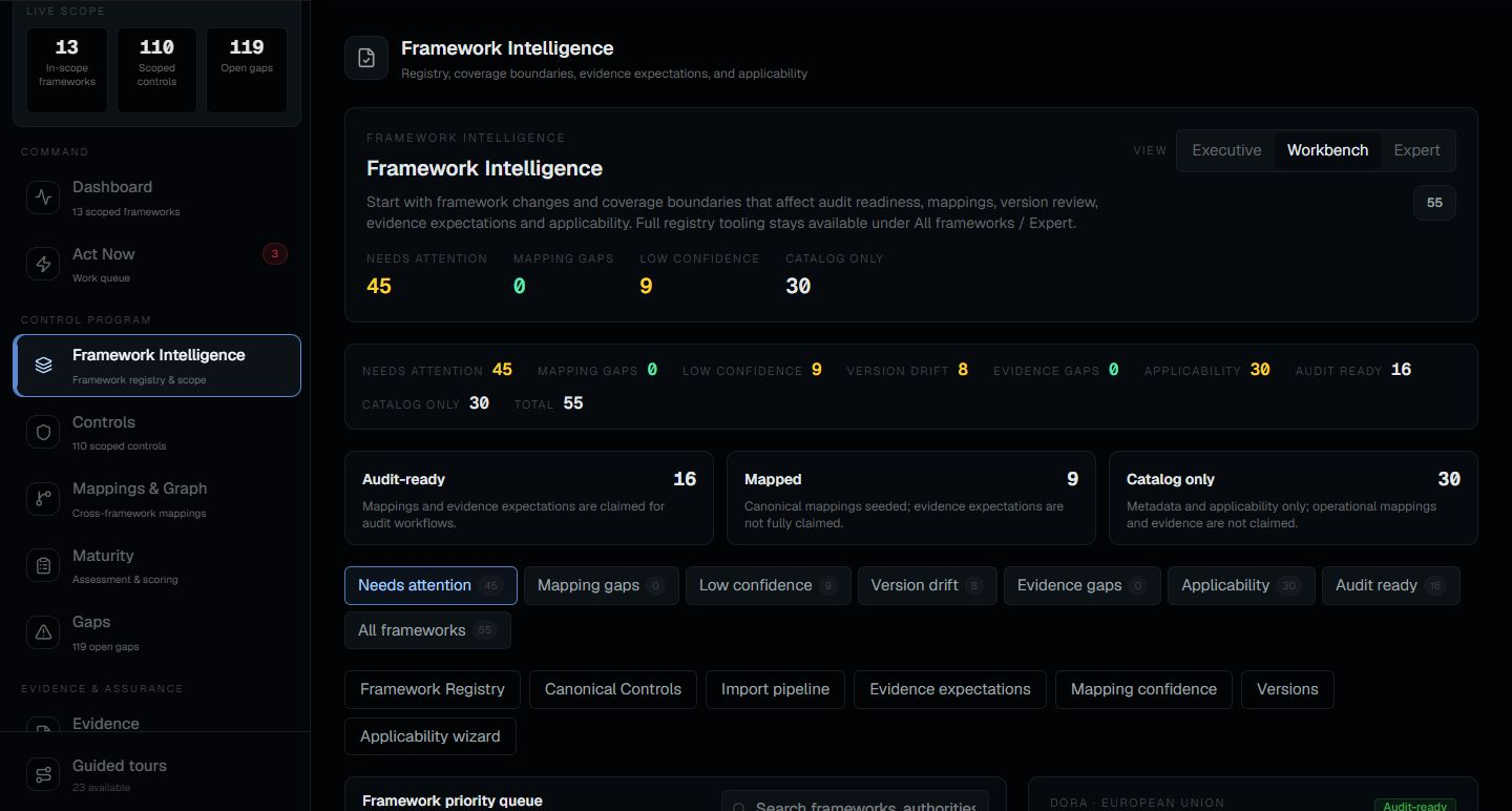 Continuum application shell showing the Framework Intelligence workbench, framework scope, mapping state, and audit-ready categories