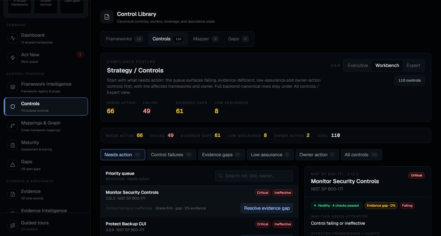 Continuum application shell showing the Control Library, control posture, evidence gaps, and affected framework context