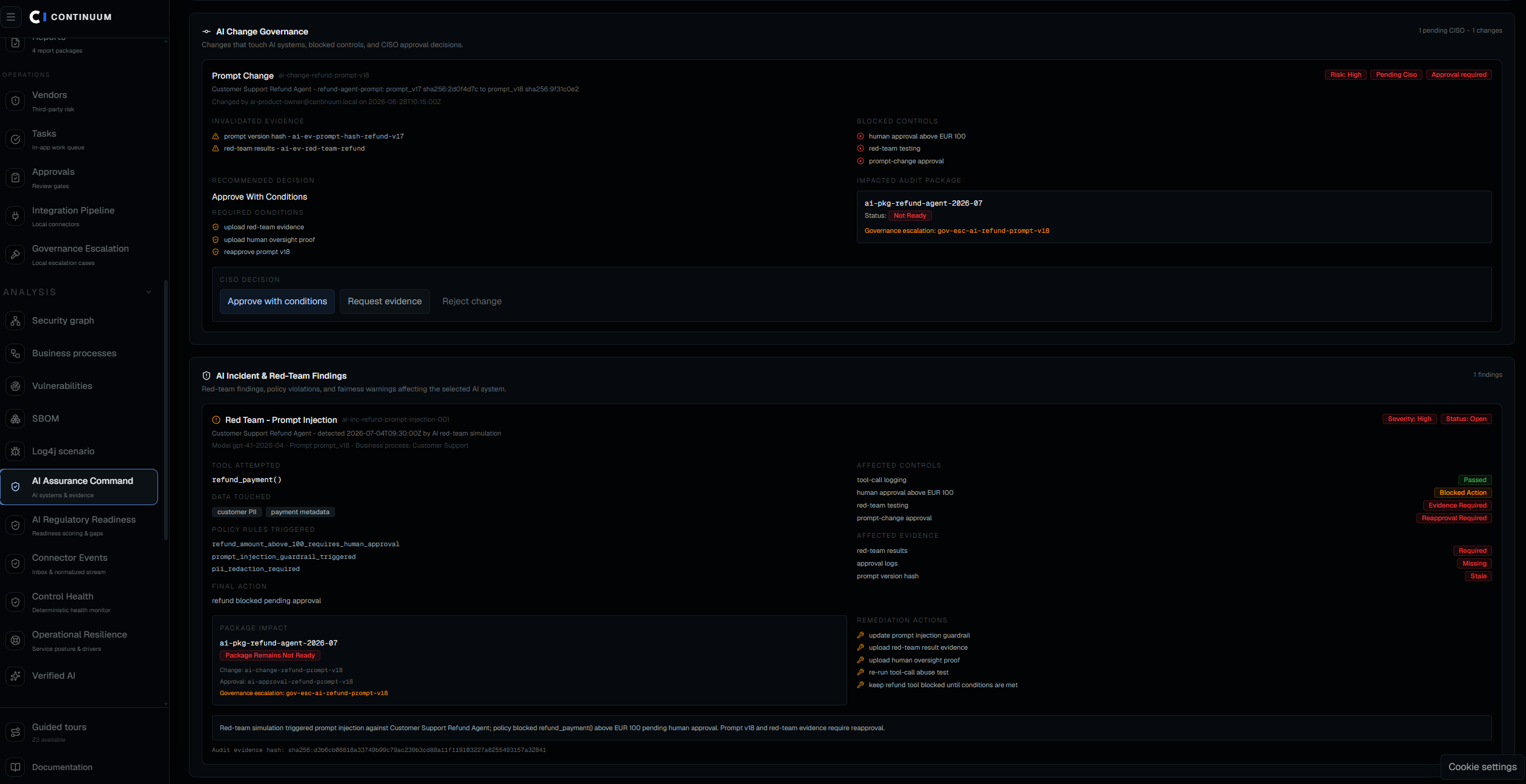Continuum AI Change Governance and AI Incident & Red-Team Findings showing a pending prompt change with invalidated evidence and blocked controls, a CISO approval decision, and a red-team finding with affected controls, evidence, and remediation actions