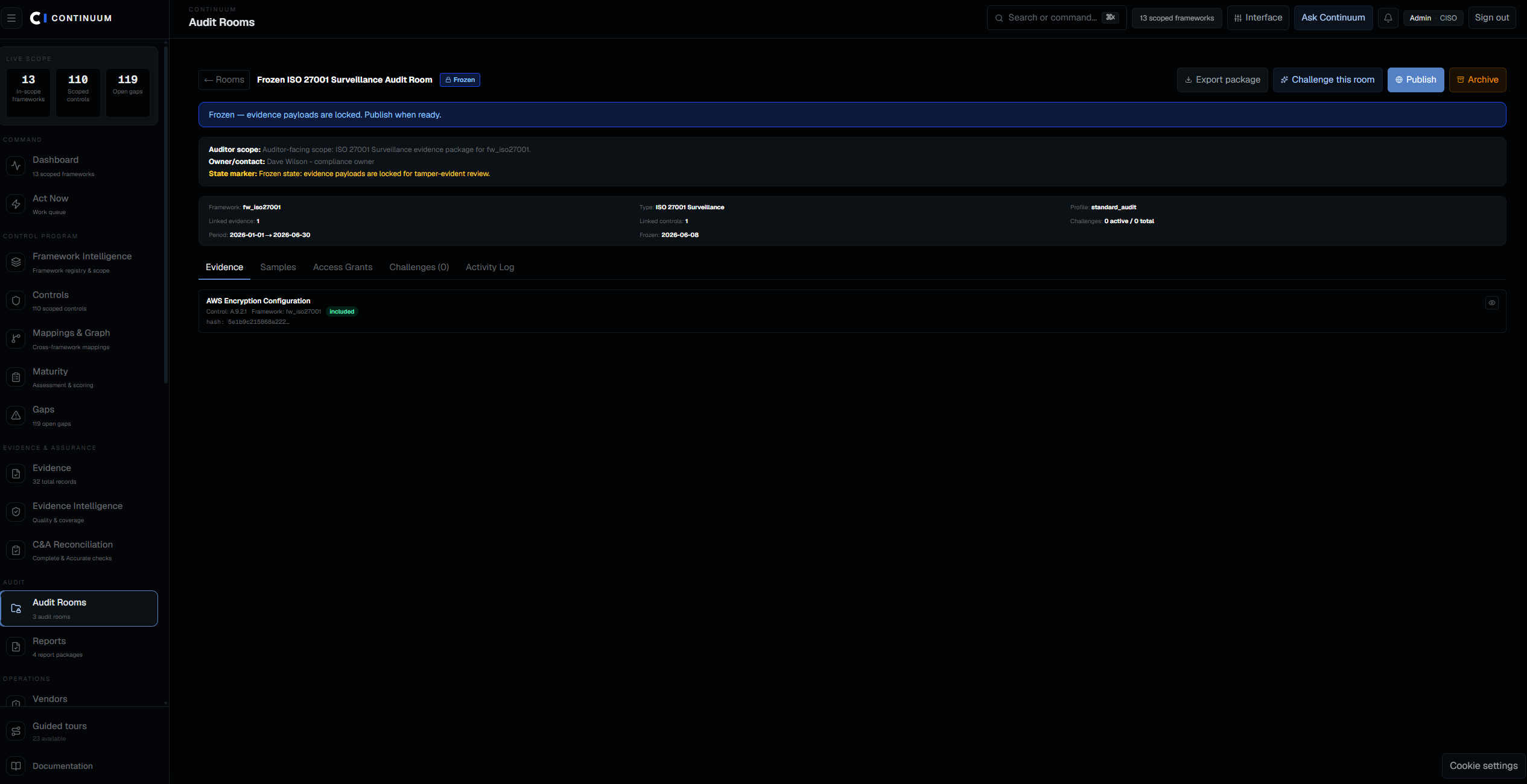 Continuum Audit Rooms showing a frozen ISO 27001 Surveillance audit room with locked evidence, auditor scope, owner and framework metadata, and export/publish/archive actions