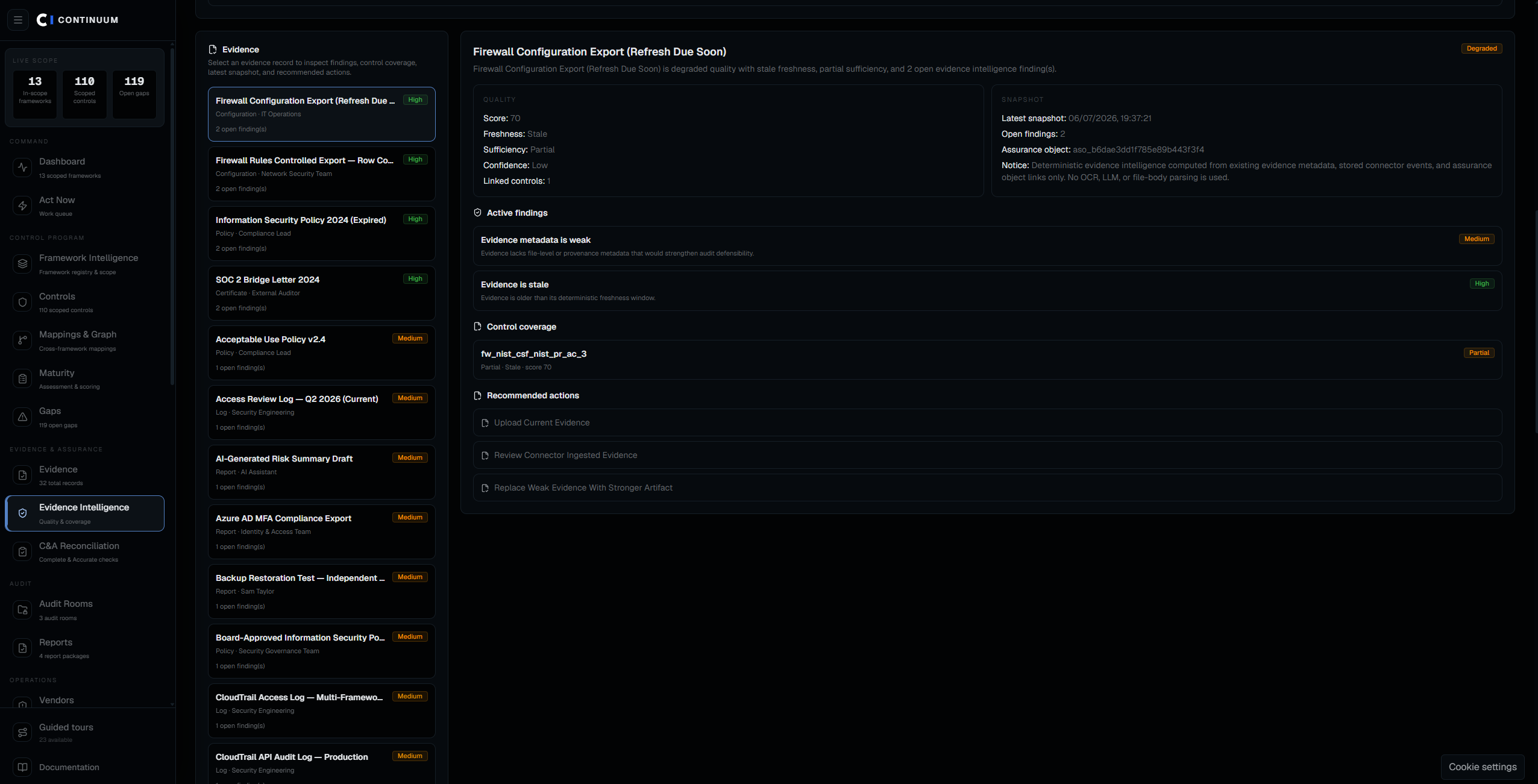 Continuum Evidence Intelligence showing a selected evidence record with quality score, freshness, sufficiency, confidence, active findings, control coverage, and recommended actions